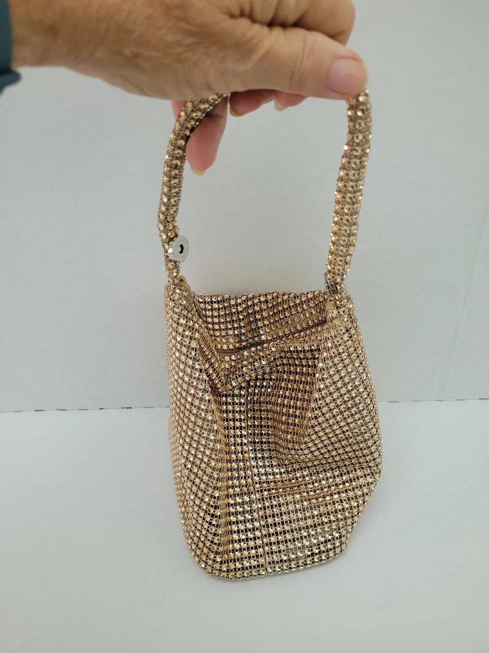 Gold Sequin Mesh Wristlet Evening Bag, Magnetic & Zip Closure